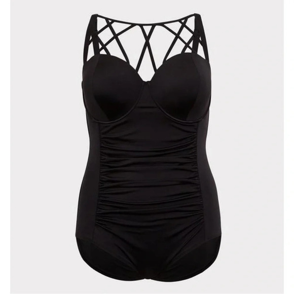 Torrid Underwire Cage Front One Piece Swimsuit in Deep Black Size 5X - Picture 2 of 15